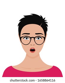 Portrait of a young blue-eyed European girl with short black hair, wearing glasses, with an emotion of surprise on her face. Vector flat stock illustration on a transparent background