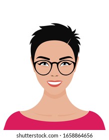 Portrait of a young blue-eyed European girl with short black hair, glasses, and a smile on her face. Vector flat stock illustration on a transparent background