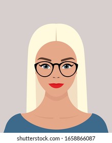 Portrait of a young blue-eyed European girl with long blond hair, glasses, and a smile on her face. Vector flat stock illustration on a transparent background