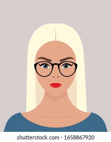 Portrait of a young blue-eyed European girl with long blond hair, wearing glasses, with an emotion of anger on her face. Vector flat stock illustration on a transparent background