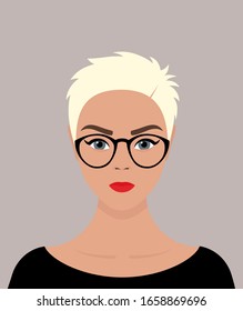 Portrait of a young blue-eyed European girl with short blond hair, wearing glasses, with an emotion of anger on her face. Vector flat stock illustration on a transparent background