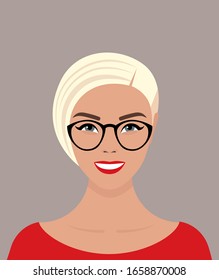 Portrait of a young blue-eyed European girl with short blond hair, glasses, and a smile on her face. Vector flat stock illustration on a transparent background