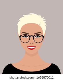 Portrait of a young blue-eyed European girl with short blond hair, glasses, and a smile on her face. Vector flat stock illustration on a transparent background