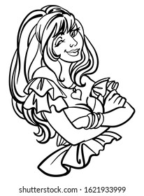 Portrait of young Brazilian girl. Smiling and winking happy lady, arms crossed. Wearing ethnic carnival dress with frills.  Linear drawing in black and white colors, isolated. Vector illustration.