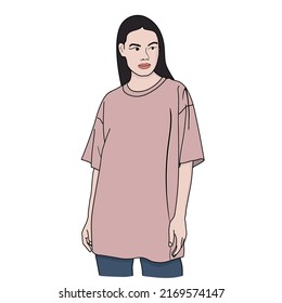 Portrait of young brunette girl cartoon in hand drawn pink t-shirt isolated on white background. Concept of posing and fashion. Flat design. Vector illustration.