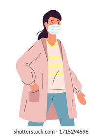 Portrait of young brunette long-haired woman in medical mask. Viral pandemic, protection against infection of covid19. Coronavirus 2019-ncov flu. Respiratory protection from virus. Health and safety