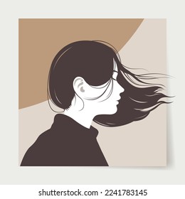 Portrait of young brunette woman in profile. Closed eyes, dreaming. Vector illustration