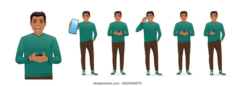 Portrait of young business man holding mobile phone, talking, texting and showing empty screen isolated set vector illustration