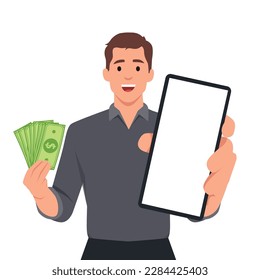 Retrato de un joven empresario que muestra o sostiene un nuevo smartphone digital (móvil, móvil) y dinero en efectivo, dinero, billetes en mano. Ilustración vectorial plana aislada en fondo blanco