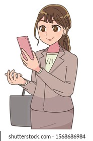 Portrait of young business woman. She uses a smartphone.