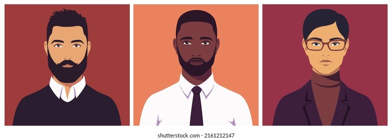Portrait of young businessman, full face. Portraits of multicultural office workers. Abstract male portrait. Stock vector isolated illustration in flat style.