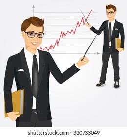 portrait of young businessman presenting with a pointer and board