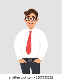 Portrait of young businessman in white shirt and red tie, hands in pant's pocket, standing against gray/grey background. Human emotion & businessman concept illustration in vector cartoon flat style.
