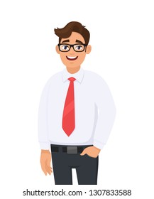 Portrait of young businessman in white shirt and red tie, hand in pant's pocket, standing against white background. Human emotion and businessman concept illustration in vector cartoon flat style.