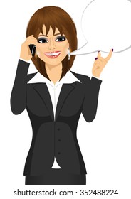 portrait of young businesswoman having conversation using her smartphone with a speech bubble isolated on white background