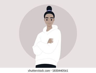 A portrait of a young caucasian female character wearing a blank hoodie, streetwear fashion