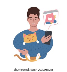 A portrait of a young caucasian man holding up a cute cat and a smartphone with pet supplies in a speech bubble. Buying pet food and toys online or ordering from a shopping app on a mobile device