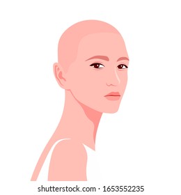 Portrait Of A Young Caucasian Woman. The Bald Girl Is Model. Fashion And Alopecia. Bright Vector Illustration In Flat Style.