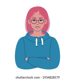 Portrait of a young caucasian woman in a colorful hoodie wearing glasses. Cartoon teenager avatar. Flat style illustration. 