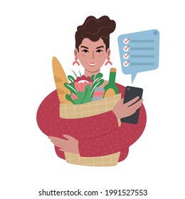 A portrait of a young caucasian woman holding up a paper bag filled with groceries and a smartphone with a checked shopping list. Storing a to do list on a phone or using an organiser app. Flat style