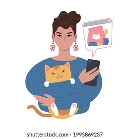 A Portrait Of A Young Caucasian Woman Holding Up A Cute Cat And A Smartphone With Pet Supplies In A Speech Bubble. Buying Pet Food And Toys Online Or Ordering From A Shopping App On A Mobile Device