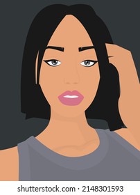 Portrait of a young charming girl with dark hair with a short haircut. Vector flat image of a girl with makeup. Design for avatars, posters, backgrounds, templates, textiles, portraits.