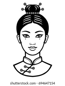 Portrait of the young Chinese girl with an ancient hairstyle. Monochrome vector illustration isolated on a white background.