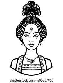 Portrait of the young Chinese girl with an ancient hairstyle. Monochrome vector illustration isolated on a white background.