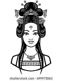 Portrait of the young Chinese girl with an ancient hairstyle. Monochrome vector illustration isolated on a white background.