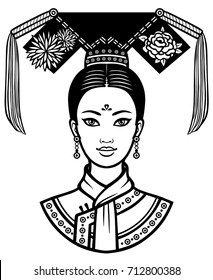 Portrait of the young Chinese girl with an ancient hairstyle. Monochrome vector illustration isolated on a white background. Print, poster, t-shirt, card. 