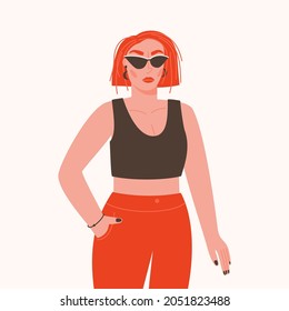 Portrait of a young cool woman in sunglasses. Flat vector illustration with a red-haired badass girl