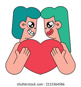 Portrait of a young couple holding a bigger heart. Cartoon man and woman holding a heart. Isolated image on a white background. Vector illustration.