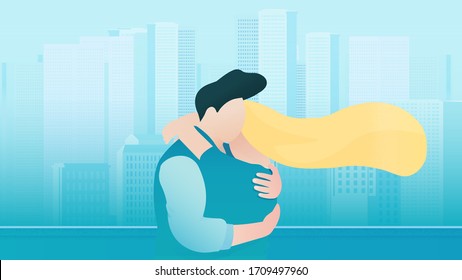 Porträt eines jungen Paares, das auf dem Dach umarmt. Morgenblick auf Wolkenkratzer und moderne Gebäude. Langes, gerade blondes Haar wehte im Wind. Beziehungen, Quarantäne, Konzept der sozialen Distanzierung