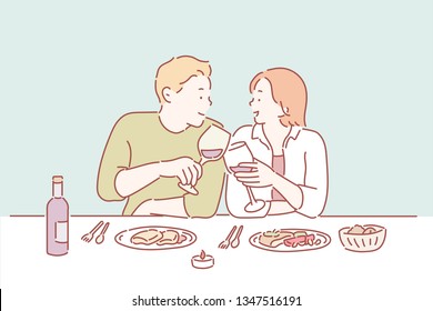 Portrait of a young couple in love on a date, sitting at a restaurant table, drinking wine. Hand drawn style vector design illustrations.