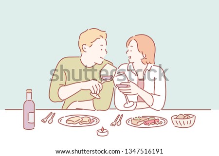 Portrait of a young couple in love on a date, sitting at a restaurant table, drinking wine. Hand drawn style vector design illustrations.