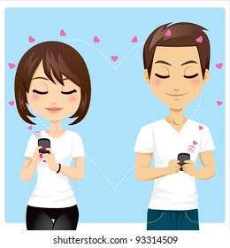 Portrait of young couple sending love messages using cellphone wireless communications