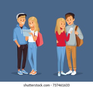 Portrait of young couple standing together hugging with gadgets, smarthpone and backpacks in sneakers and casual outfit.