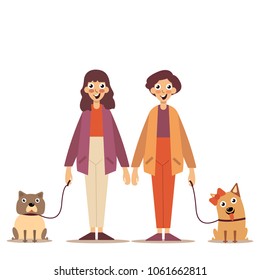 Portrait of a young couple walking their dogs on a city street