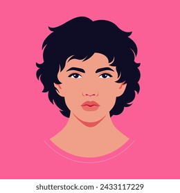 Portrait of a young curly-haired man. Avatar of a guy. A student. Vector flat illustration