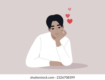 A portrait of a young cute character daydreaming about their romantic crush