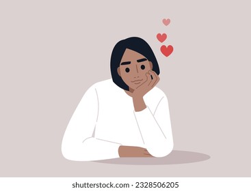 A portrait of a young cute character daydreaming about their romantic crush