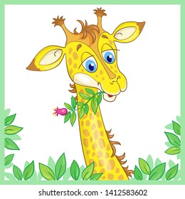 Portrait of a young cute giraffe with a flower in his mouth among green leaves. In cartoon style. Isolated on white background