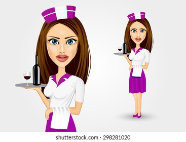 portrait of young cute realistic waitress holding serving with bottle of wine and wineglass