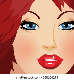 Portrait of a young cute woman vector illustration. Red hair, red lips, blue eyes.  Beautiful girl character cartoon illustration. Attractive face. Make up shades. Warm tones. Make up artist template.