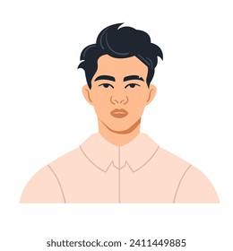 Portrait of a young dark-haired Asian man with a fashionable hairstyle. The avatar of a male character. Bright vector illustration in a flat style