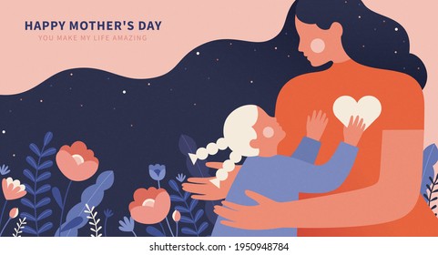 Portrait of young daughter trying to give her mother a big hug. Illustrated in flat design on pink background. Concept of motherhood or love toward mothers.