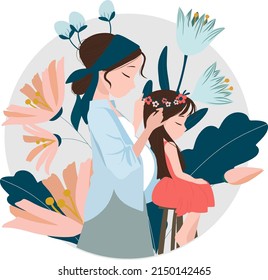 Portrait of young daughter trying tie her hair. Illustrated background. Concept of motherhood or love toward mothers and daughter, Happy Mother's Day