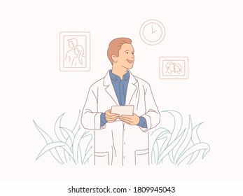 Portrait of a young doctor in a hospital with a patient card in his hands. He greets his patients with a smile. Colorful vector illustration