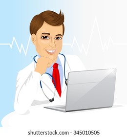 Portrait of young doctor using his laptop computer isolated on white background