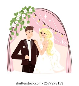 Portrait of a Young European Bride and Groom at Their Wedding by a Flower-Decorated Wedding Arch